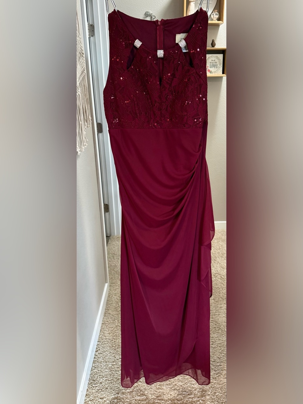 Burgundy Beaded Maxi Dress with Draped Skirt